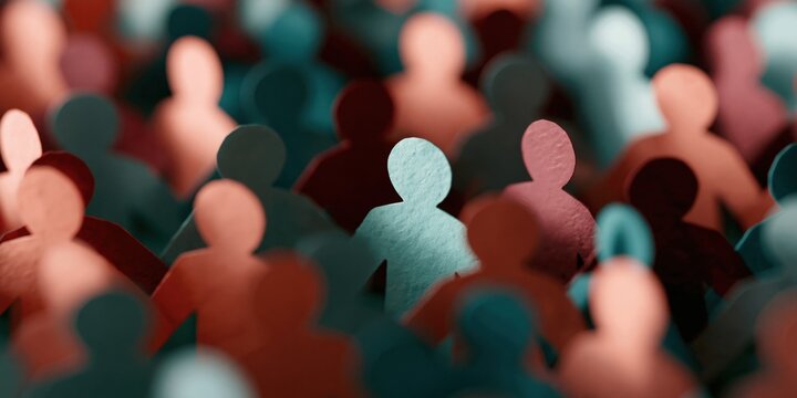 Paper cutout crowd in shallow depth of field representing community and audience for concept background and social media banner
