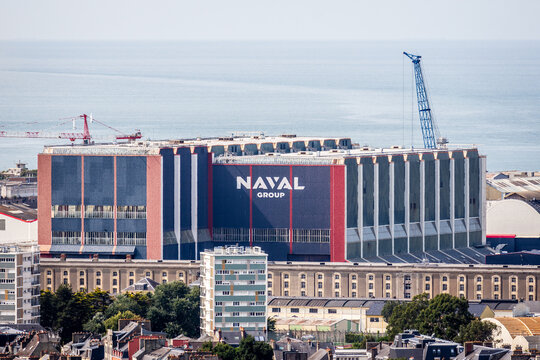 Cherbourg, France - July 21, 2026: Aerial view of the Naval Group plant, a French industrial group specializing in naval defense construction, primarily owned by the French State and Thales.