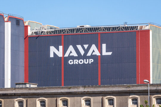 Cherbourg, France - July 21, 2026: Close-up of the logo of Naval Group, a French industrial group specializing in naval defense construction, primarily owned by the French State and Thales.