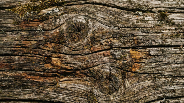 Close-up texture of weathered, knotty wood with moss and lichen growing on its surface.