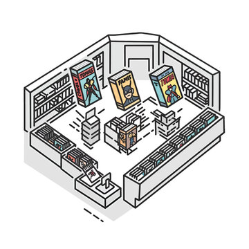 An isometric line art illustration of a modern comic book shop