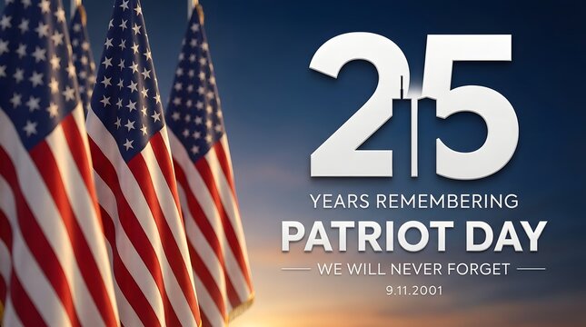 25 years remembering Patriot Day banner with American flags and 9/11 anniversary remembrance theme