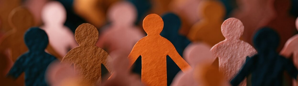 Close-up paper people crowd community and unity theme with warm orange and pastel silhouettes for background banner and wallpaper design