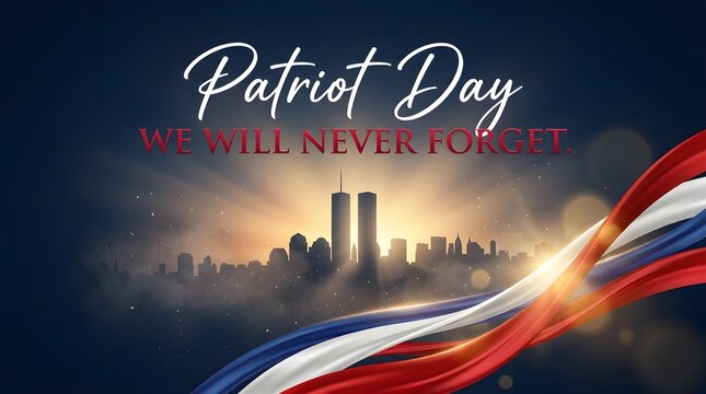 Patriot Day banner with skyline silhouette, American flag ribbon, and We Will Never Forget message
