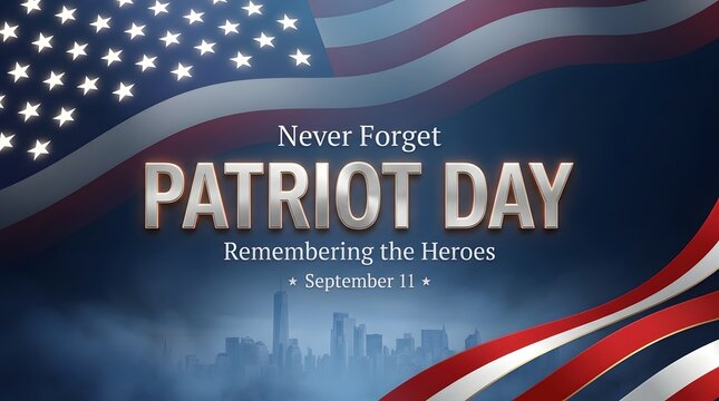 Patriot Day banner with Never Forget message, American flag, and September 11 remembrance theme