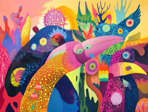 Imaginative surreal artwork filled with playful forms, vivid neon hues, and extraordinary fantasy creatures