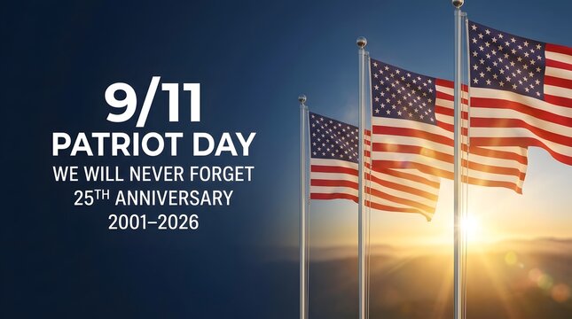 Patriot Day banner with American flags waving at sunrise and 25th anniversary remembrance message
