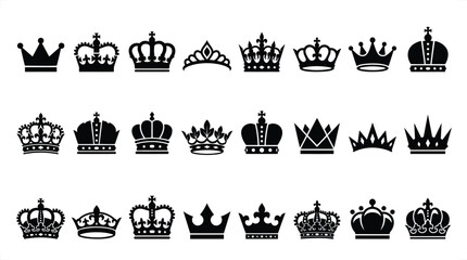 Collection of twenty-four black silhouette crown featuring various royal, heraldic, and tiara on a white background © Graphic Seller