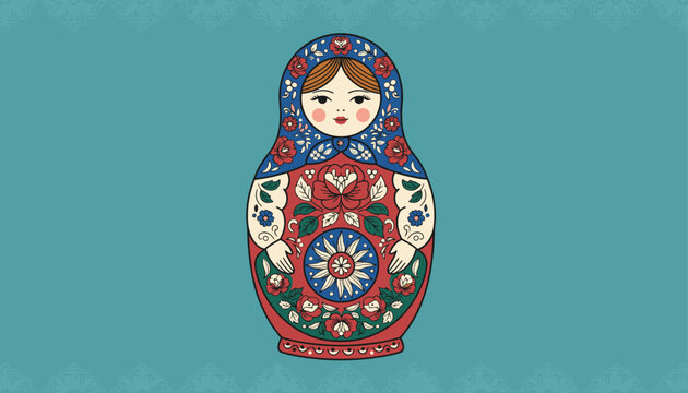 Beautifully detailed Matryoshka nesting doll with intricate floral patterns in a vibrant folk-art style on a blue background.