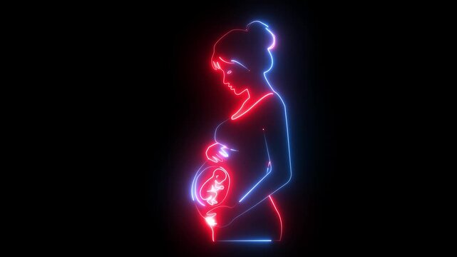 Neon Glowing Outline Animation of Pregnant Mother with Baby Fetus on Black Background.Cyberpunk Style Neon Line Silhouette of Pregnancy Concept Motion Graphics Video Loop