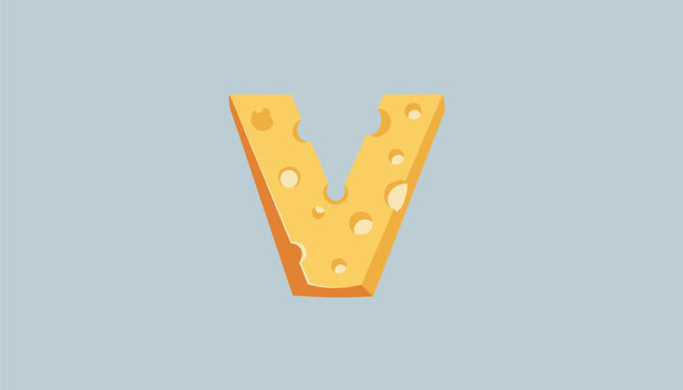 Three-dimensional letter V designed to look like a piece of yellow Swiss cheese with holes, isolated on a light blue background for food typography.