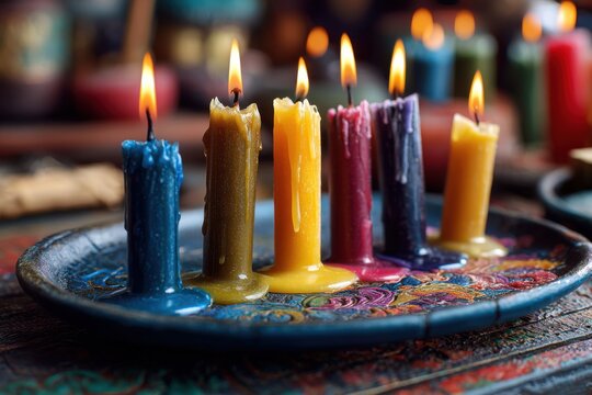 Cozy candle arrangement on a plate featuring layered colorful wax streams and a calm inviting ambiance