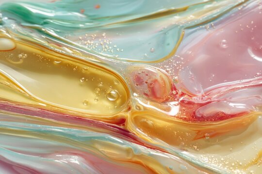 Abstract wax artwork featuring layered colors, flowing organic shapes, and delicate reflections on a transparent glass surface