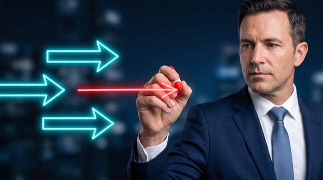 Strategic business leader drawing glowing neon arrows, professional executive planning corporate growth, visionary manager directing digital success
