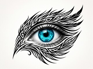 Obraz premium Blue eye with intricate black feather and wing design illustration