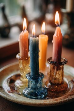Close-up of vibrant taper candles dripping wax in vintage candleholders, creating a warm, cozy atmosphere in a charming home interior