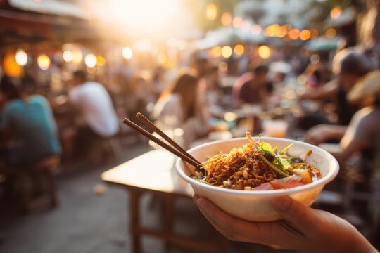 Street food scene showing a steaming malatang bowl held by hands with chopsticks amid a lively market atmosphere