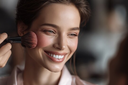 Beauty studio scene featuring a makeup artist applying coral blush to a radiant smiling model with fresh glowing skin