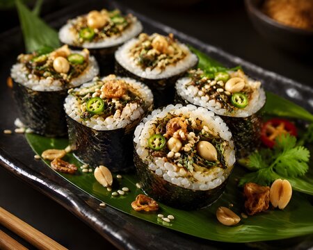 Japanese Maki Sushi Rolls Filled with Myanmar Fermented Tea Leaf Salad on Black Ceramic Plate