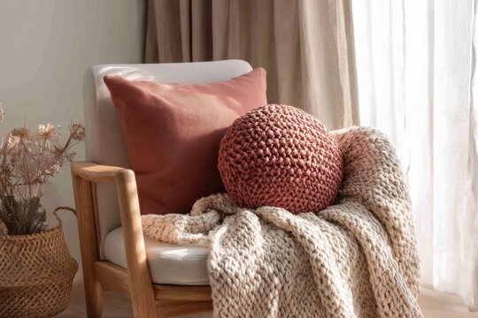 Warm interior nook featuring soft coral cushions, a knitted throw, and a wooden chair with a peaceful cozy aesthetic