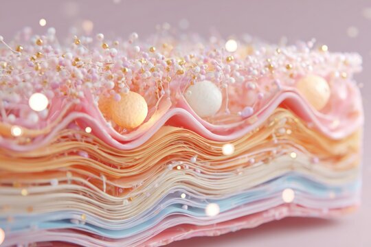 Scientific skincare illustration showing luminous skin layers, peptide activity, and cellular renewal in a futuristic medical style
