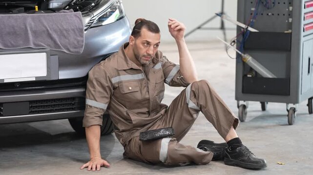 Mechanic car repair garage workshop service uniform exhaustion, adult man sitting on floor beside vehicle holding wrench and diagnostic scan tool, stressed after breakdown maintenance