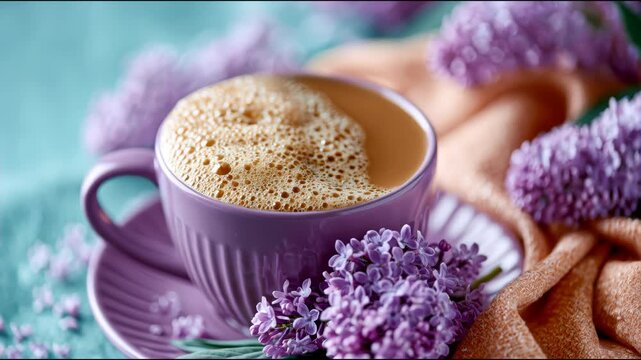 Purple mug of frothy coffee beside lilac flowers and a soft knitted blanket, creating a cozy spring morning atmosphere
