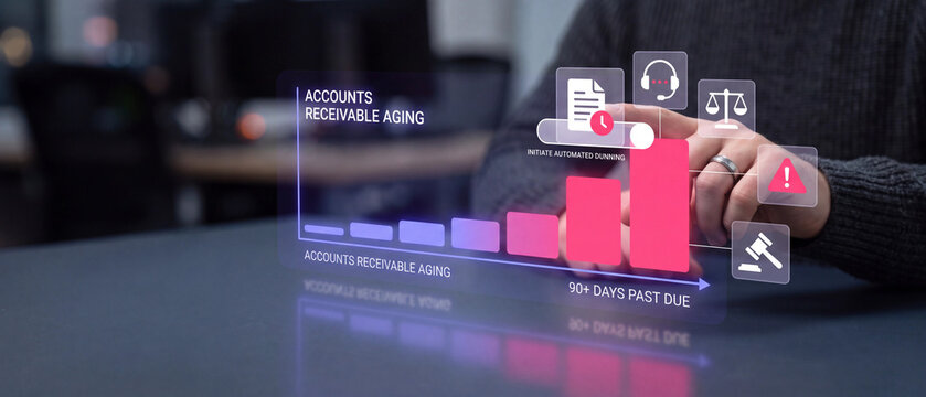 Business professional using a digital holographic interface to analyze accounts receivable aging and overdue payments
