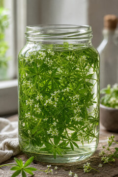 Fresh sprigs of sweet woodruff submerged in clear liquid in a jar.