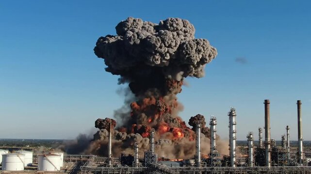 Massive industrial explosion at oil refinery with large mushroom cloud and fireball, dramatic disaster scene for emergency response training