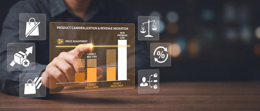 Business professional analyzing product cannibalization and revenue migration data on a futuristic digital interface