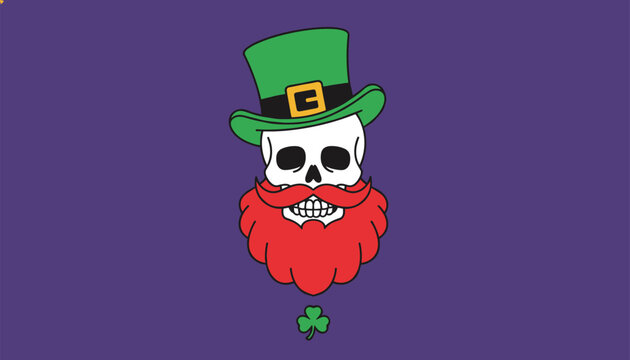 Spooky skull with a vibrant red beard wearing a green leprechaun hat and a small clover below for a Saint Patrick Day themed graphic.