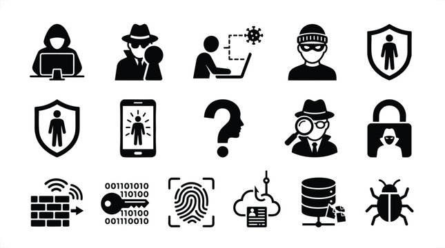 Set of black and white cybersecurity and hacking featuring hackers, digital threats, data protection, and biometric identification symbols