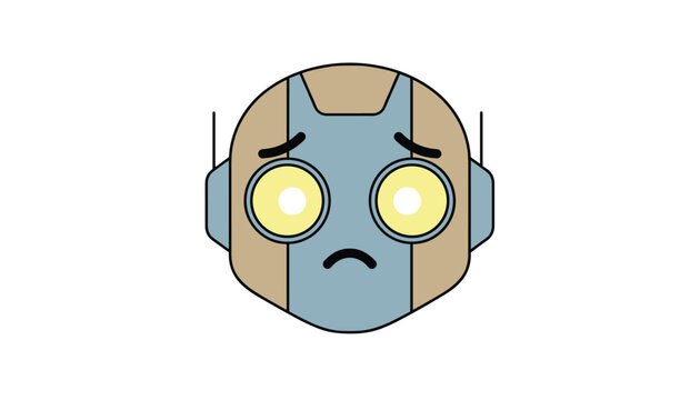 Front view of a simple robot head character with large glowing yellow eyes and a sad downward curved mouth on white background.