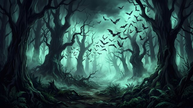 Eerie haunted forest with flying bats