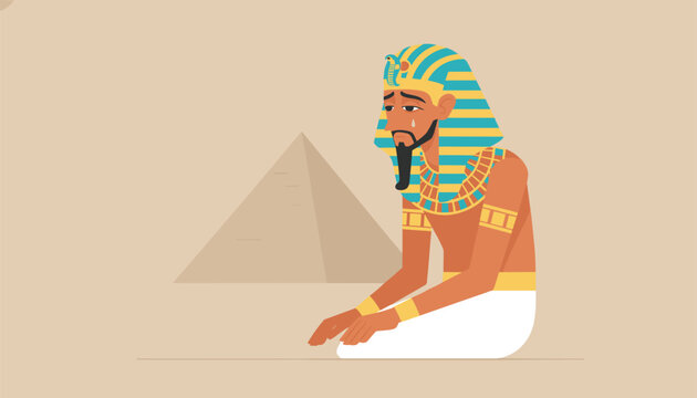 Ancient Egyptian pharaoh kneeling in the desert near a pyramid while crying and looking sad in a flat cartoon style graphic design.