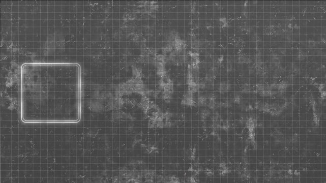 Grey grunge grid frame worn scratched texture, glowing rounded square, technical blueprint style. industrial videos, design drafts, map overlays, retro interfaces, and motion graphic templates.