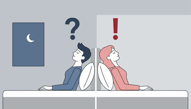 Conceptual image of a couple sitting back to back on a bed with a moon symbol and question mark versus exclamation mark icons.