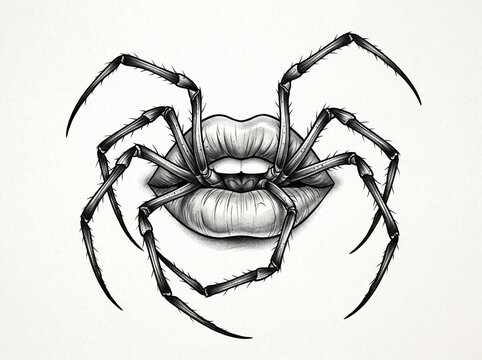 Detailed black and white spider illustration with long legs and fangs