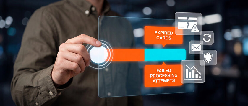 Businessman interacting with a digital interface showing payment processing issues like expired cards and failed attempts
