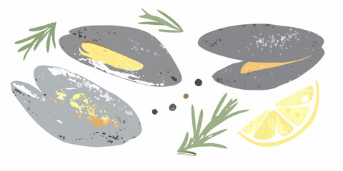 Watercolor illustration of mussels with lemon and herbs on white background © Poly