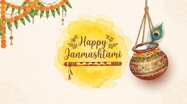 Happy janmashtami festival beautiful background with matki and bansuri
