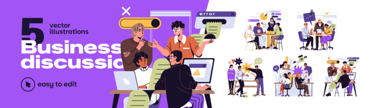 Business discussions concept set. Teamwork meetings. Work teams argue and discuss problems, decisions, corporate strategy and growth together. Flat isolated vector illustrations on white background