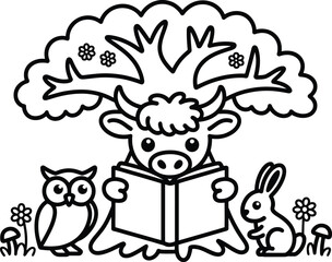 Fototapeta premium Cute little cow reading storybook under big tree with owl and rabbit coloring page illustration graphic vector for kids learning activity.