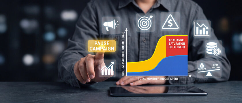 Digital marketing manager pressing pause campaign button on virtual screen to stop ad channel saturation bottleneck and rising cac
