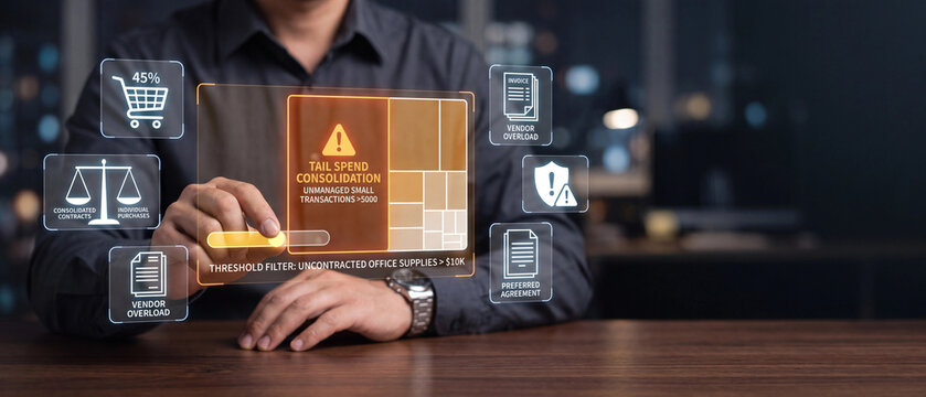 Business procurement manager analyzing tail spend consolidation data on a futuristic digital interface in a modern office
