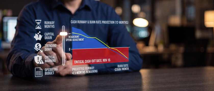 Business executive analyzing cash runway and burn rate projection on a digital holographic interface
