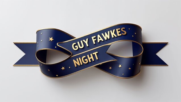 3d render of a blue ribbon with gold text guy fawkes night isolated on white background