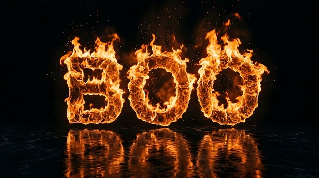 Fiery boo text on dark background with reflection
