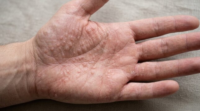 Close up of hand affected by eczema, dermatitis, showing blisters and dry peeling skin